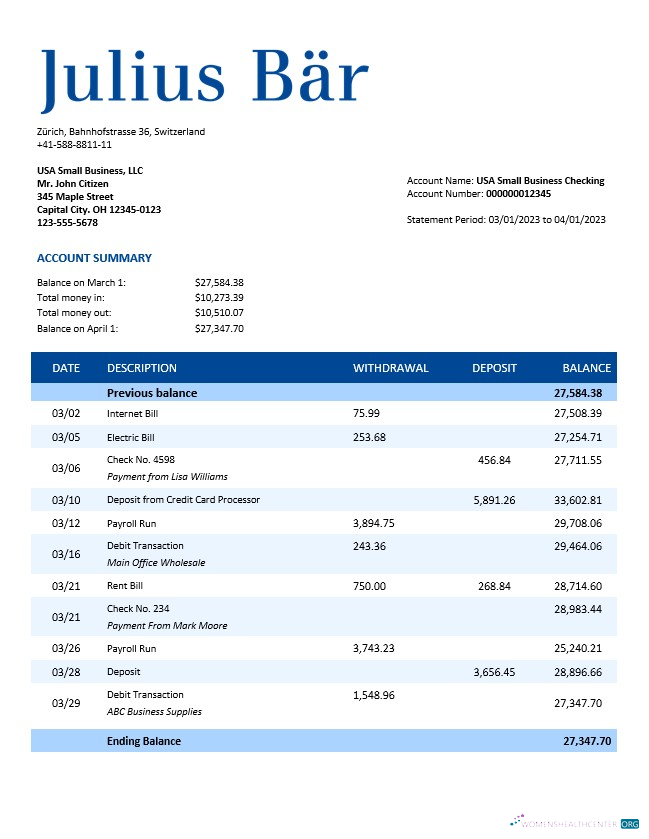 Download Julius Baer Bank company statement Word and PDF template Photoshop template